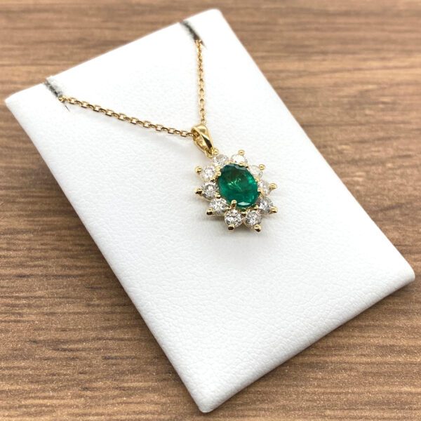 Emerald & Diamond Oval Cluster Pendant, 18ct Yellow Gold