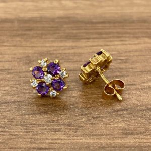 Amethyst & Diamond Clover Cluster Stud Earrings