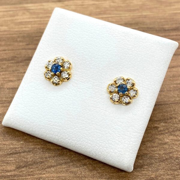 Gold flower earrings with sapphire and diamonds.