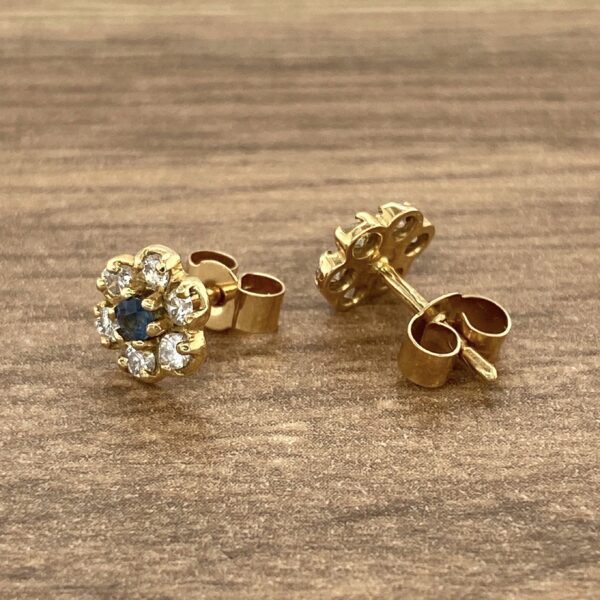 Gold earrings with blue and white stones.