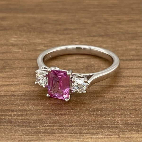 Pink sapphire and diamond engagement ring.