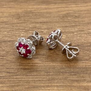 Ruby & Diamond Flower Cluster Stud Earrings