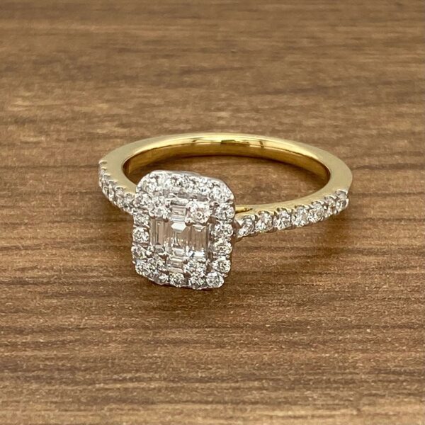 Gold ring with a square diamond.