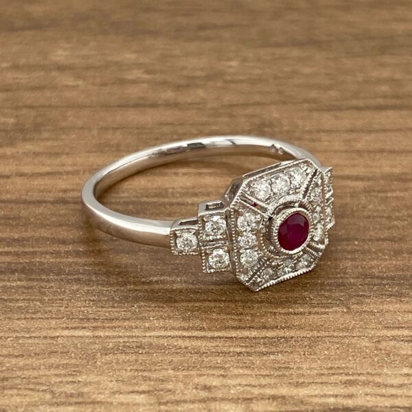 Diamond and ruby engagement ring.