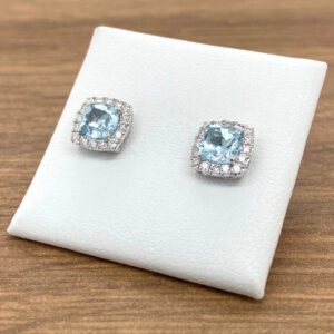 Aquamarine & Diamond Cushion Halo Cluster Earrings