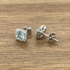 Aquamarine & Diamond Square Halo Cluster Earrings