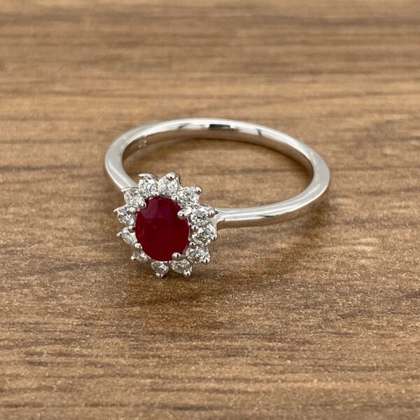 White gold ring with ruby and diamonds.