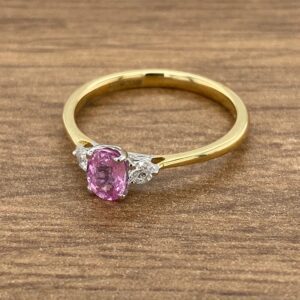 Pink Sapphire & Diamond Three Stone Ring, Oval Centre