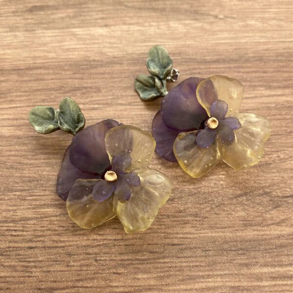 Purple and yellow resin flower earrings.