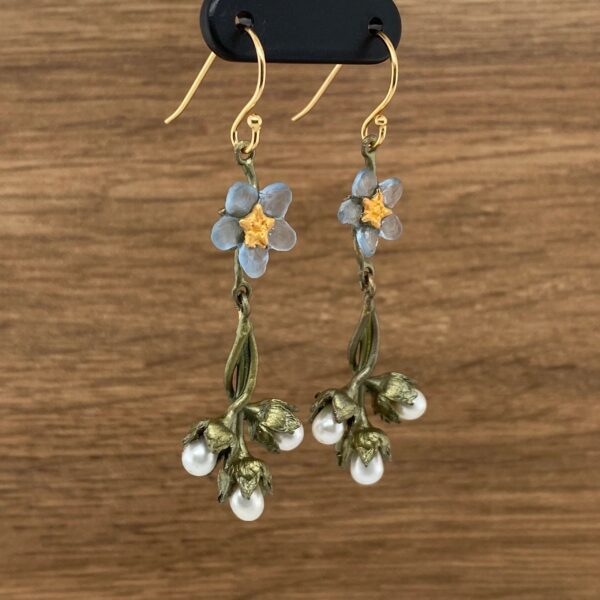 Gold forget-me-not flower earrings with pearls.