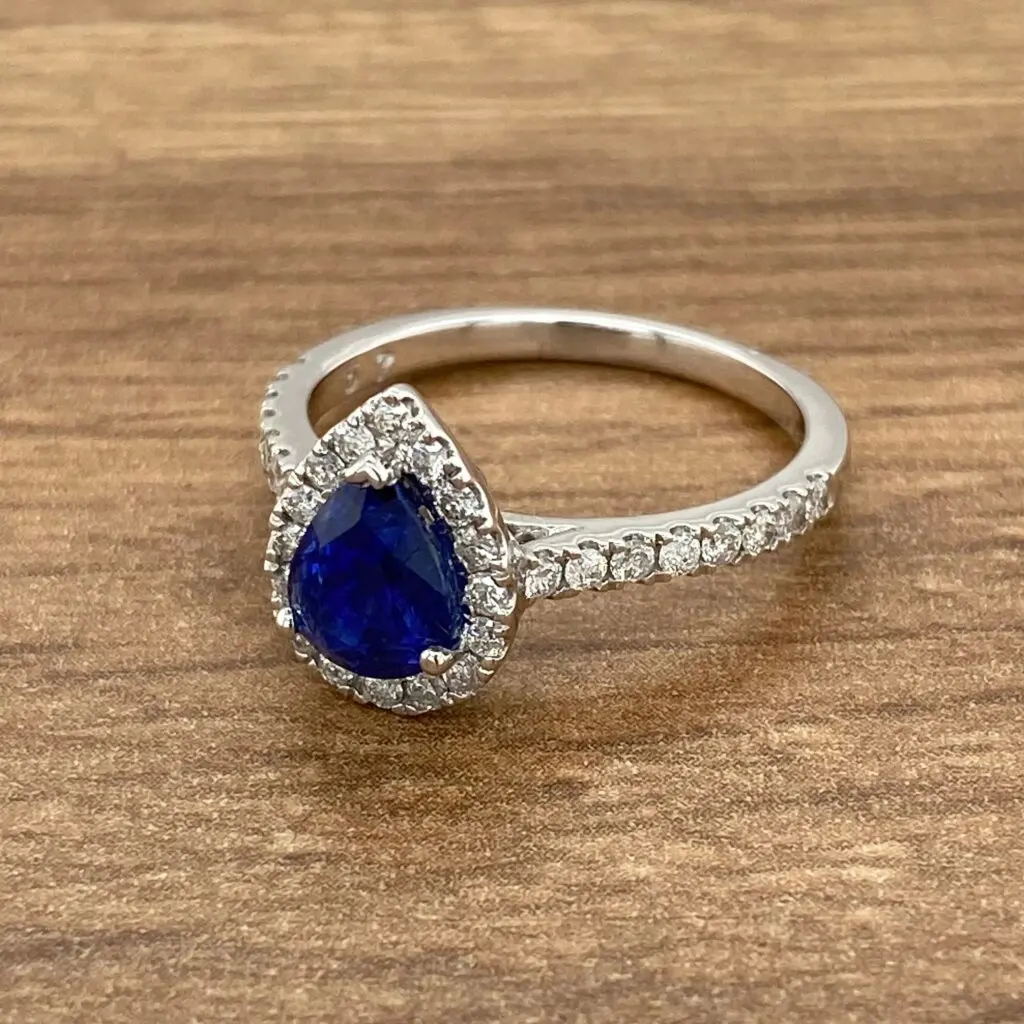 Pear-shaped blue sapphire engagement ring.