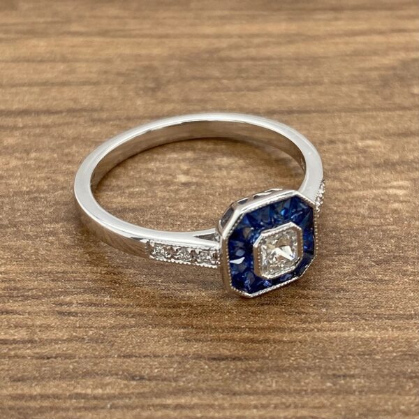 Diamond and sapphire engagement ring.