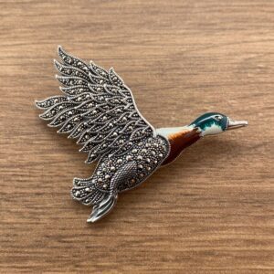 Silver & Marcasite Flying Mallard Duck Enamel Brooch