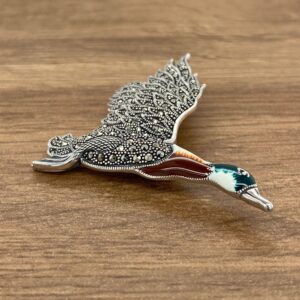 Silver & Marcasite Flying Mallard Duck Enamel Brooch