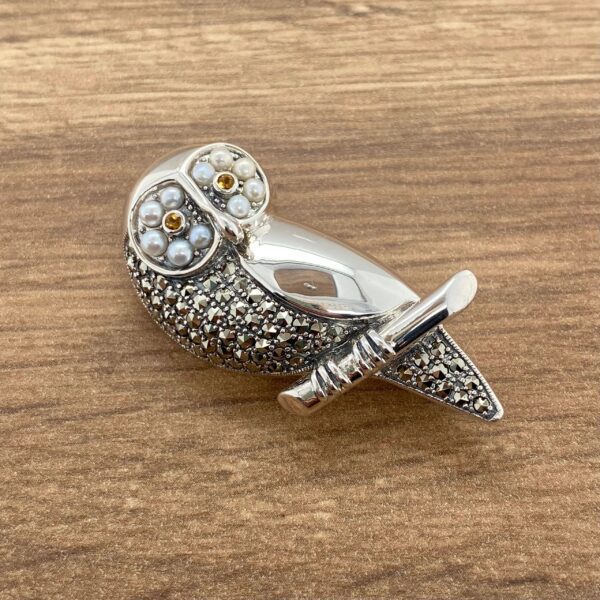 Silver owl brooch with pearls and marcasite.