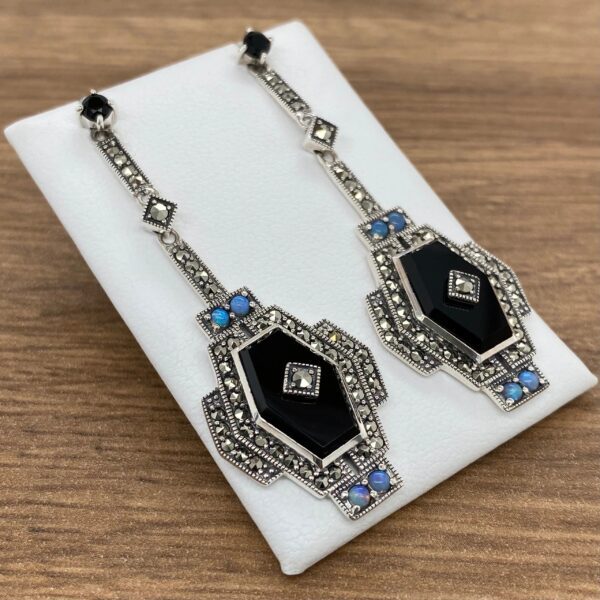 Black onyx and marcasite dangle earrings.