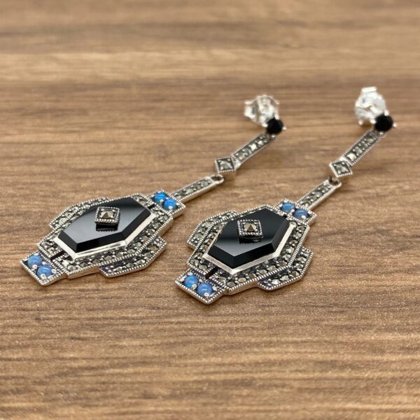 Black onyx and marcasite dangle earrings.