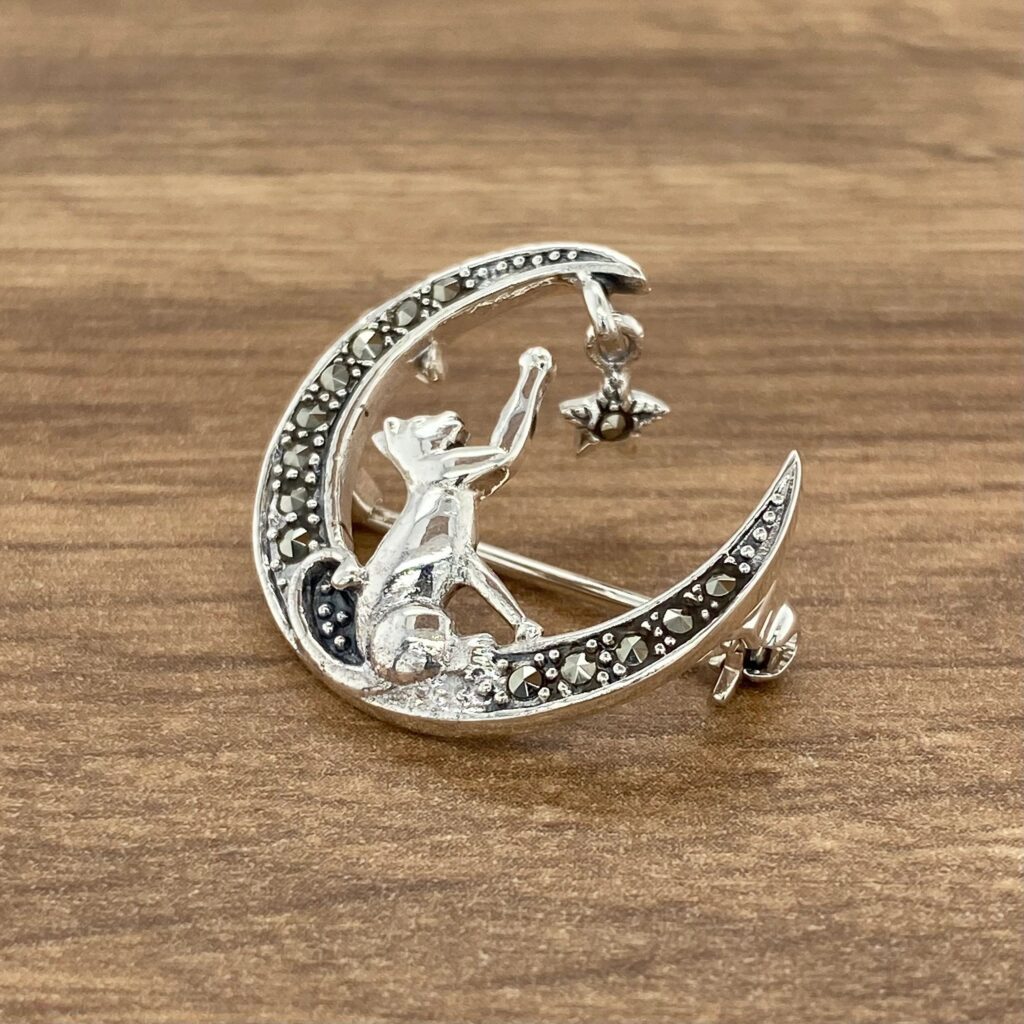 A silver brooch with an image of a cat on a crescent.