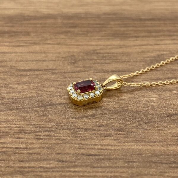 Gold necklace with red gemstone pendant.