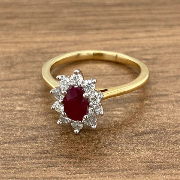 Gold ring with ruby and diamond halo.