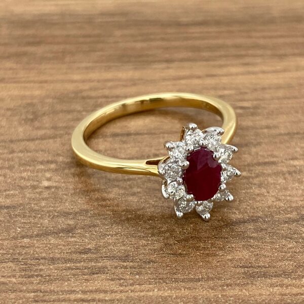 Gold ring with a ruby and diamonds.