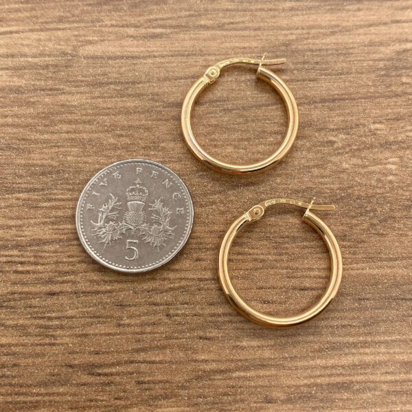 Two gold hoop earrings on wood.