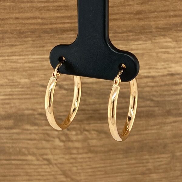 Gold hoop earrings on a display stand.