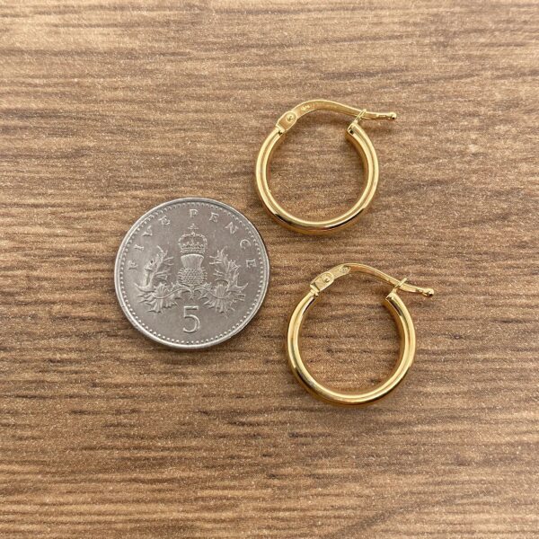 Pair of gold hoop earrings on wood.