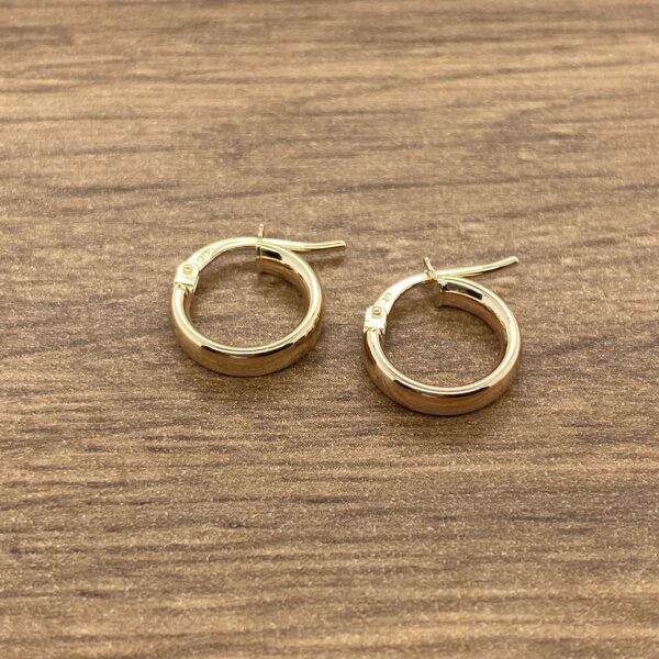 Pair of gold hoop earrings on wood.