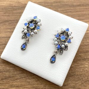 Silver & Marcasite Opal Spray Cluster Drop Earrings