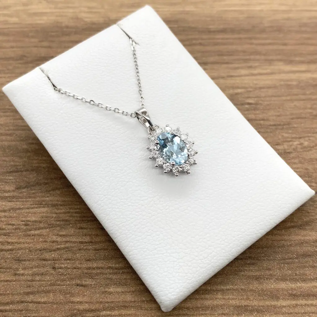 Silver necklace with aquamarine and diamonds.