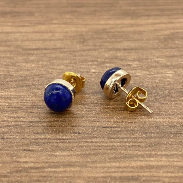 Blue gemstone stud earrings on wood.