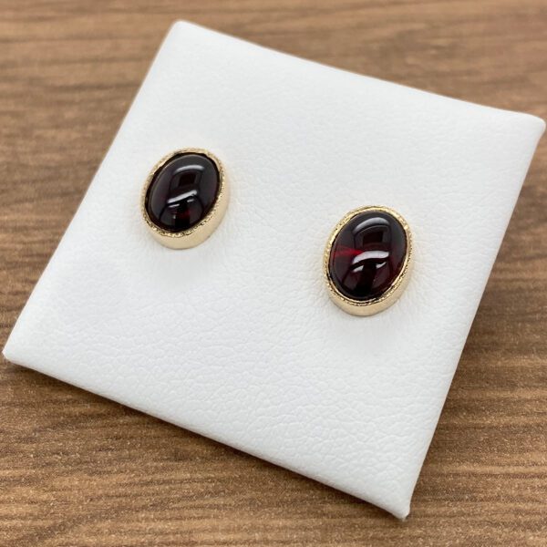 Pair of red gemstone earrings on white background.