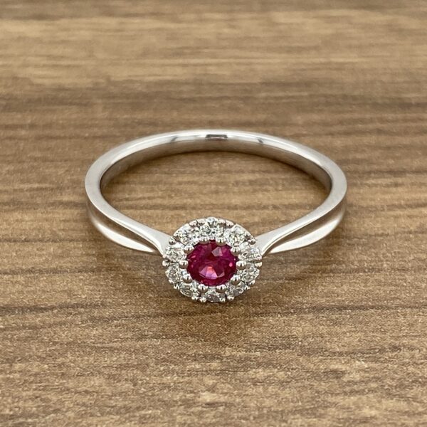 White gold ring with ruby and diamonds.