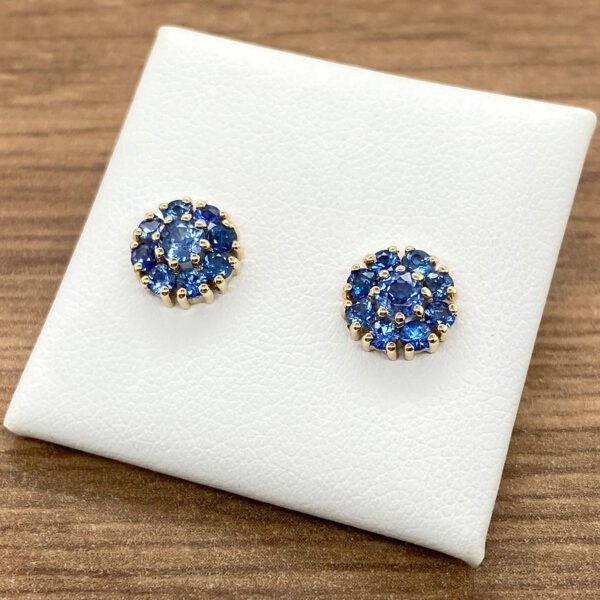 Gold earrings with blue sapphire stones.