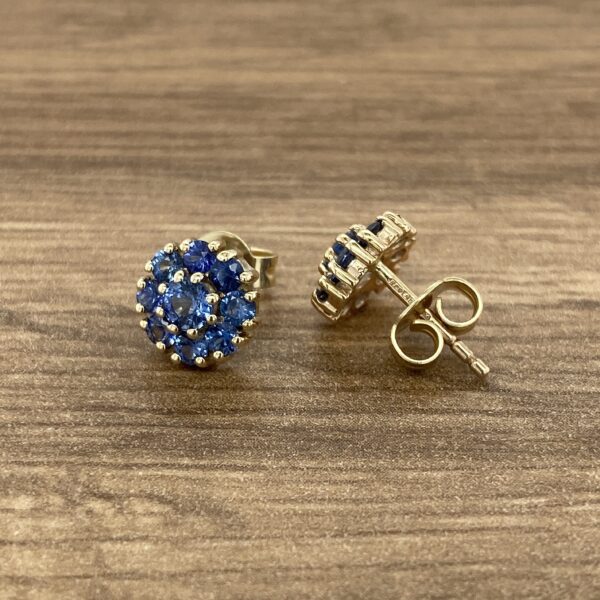 Gold earrings with blue sapphire stones.