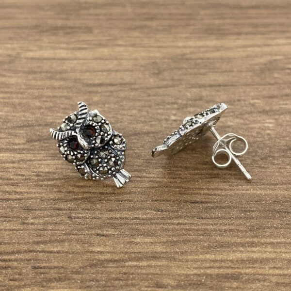 Silver owl stud earrings with marcasite.