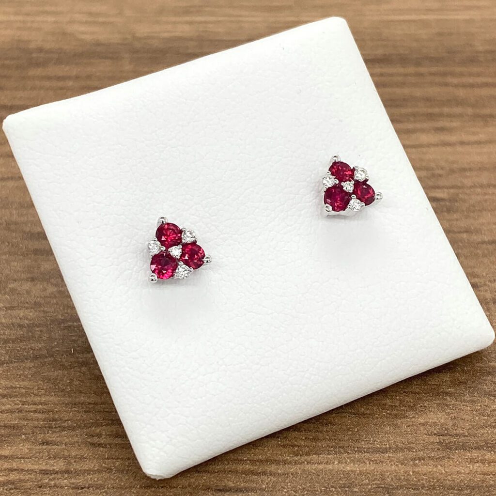 Ruby & Diamond Triangular Cluster Stud Earrings