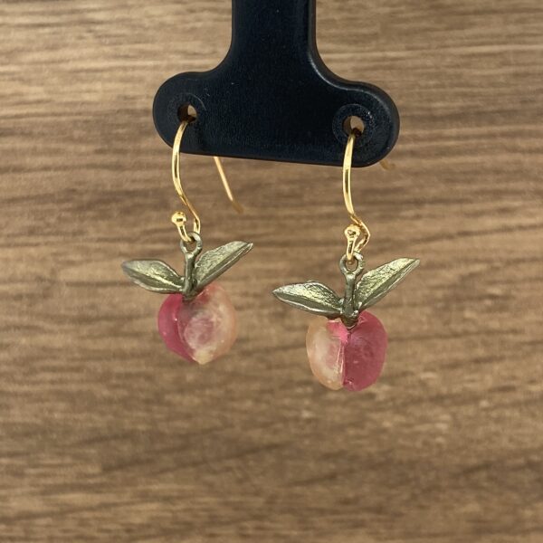 Peach fruit dangle earrings with leaves.