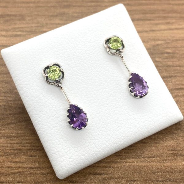 Amethyst and peridot gemstone earrings.