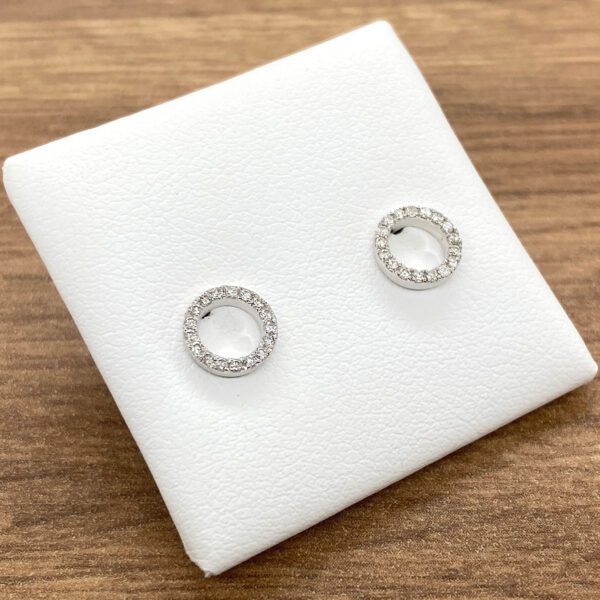 Diamond circle stud earrings on white background.