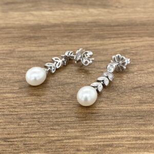 Pearl & Diamond Leaf Drop Earrings