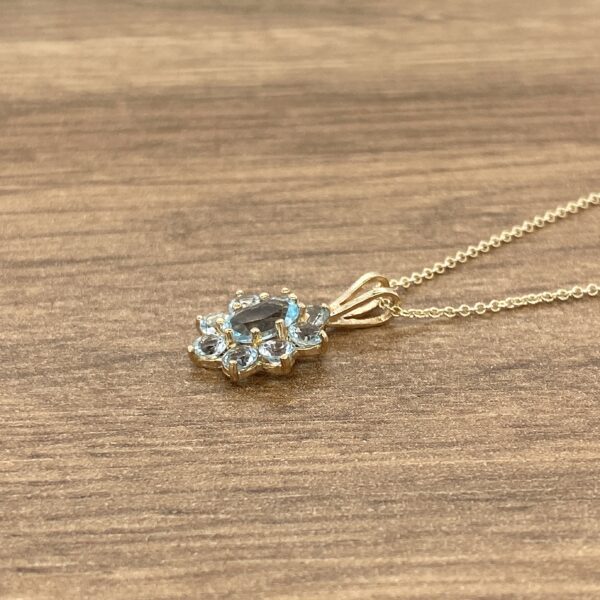 Gold necklace with aquamarine pendant.