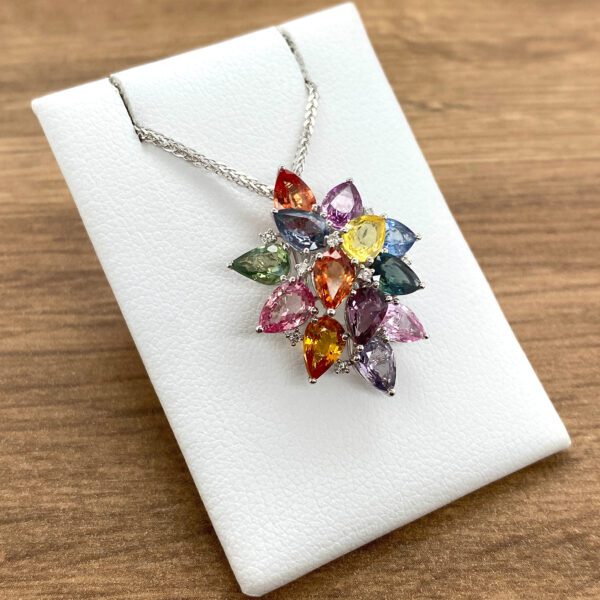 Rainbow sapphire and diamond necklace pendant.