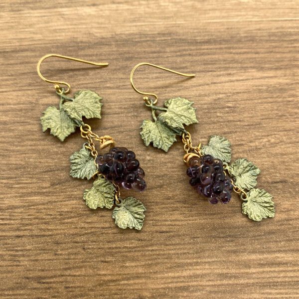 Purple grape and leaf dangle earrings.