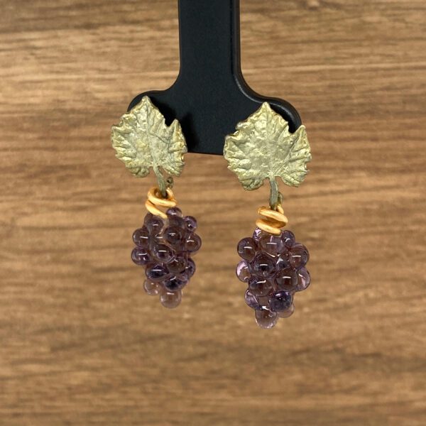 Purple grape earrings with leaf charms.