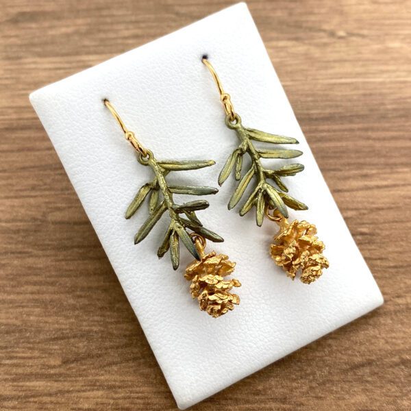 Gold pine cone and branch earrings.