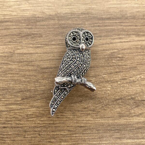 Silver owl brooch with marcasite stones.