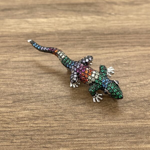 Gemstone lizard brooch on wood background.