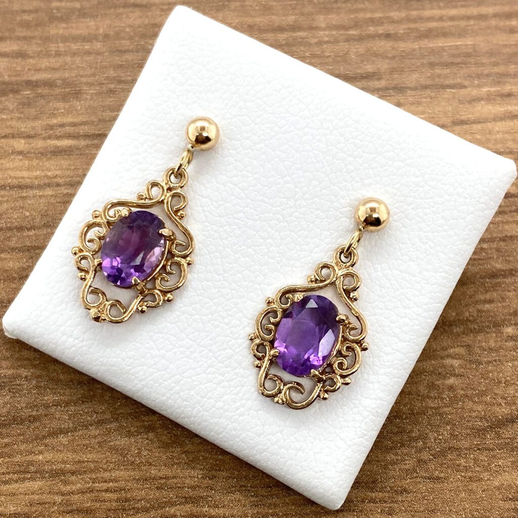 Amethyst gold filigree drop earrings.